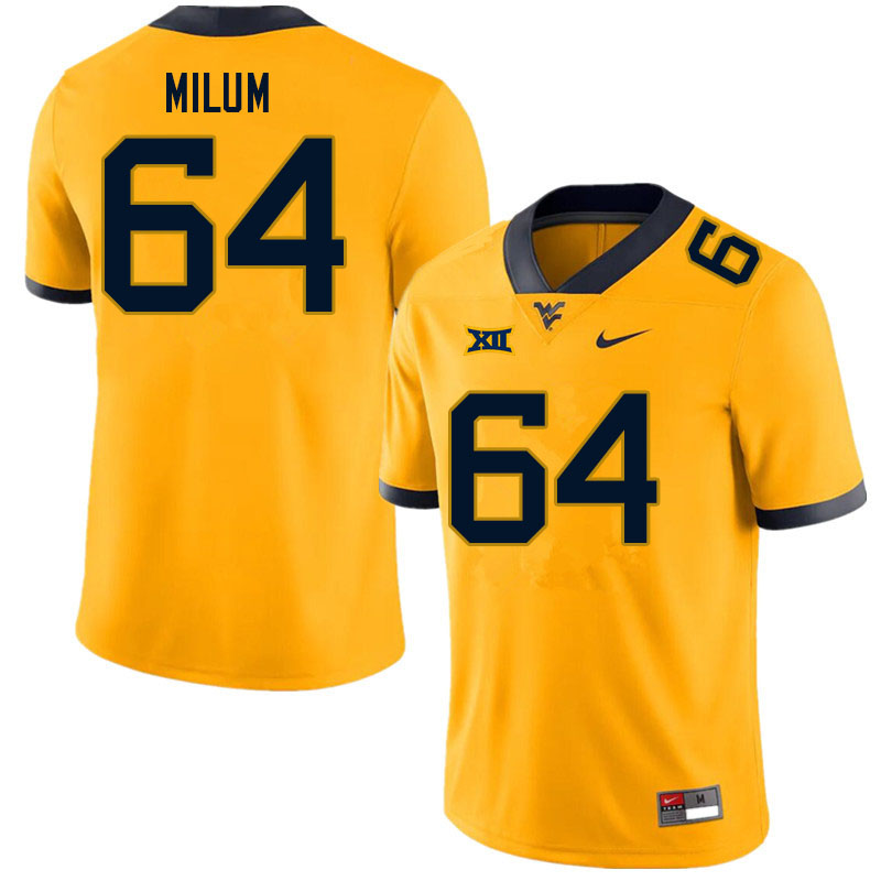 Men #64 Wyatt Milum West Virginia Mountaineers College Football Jerseys Sale-Gold - Click Image to Close